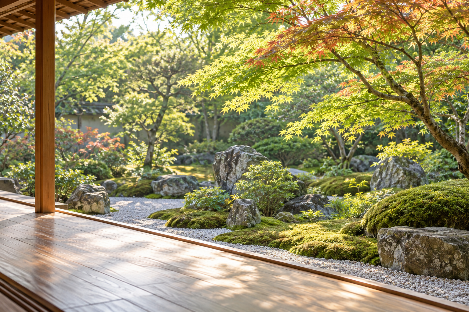 縁側から眺める、やわらかな光に包まれた日本庭園