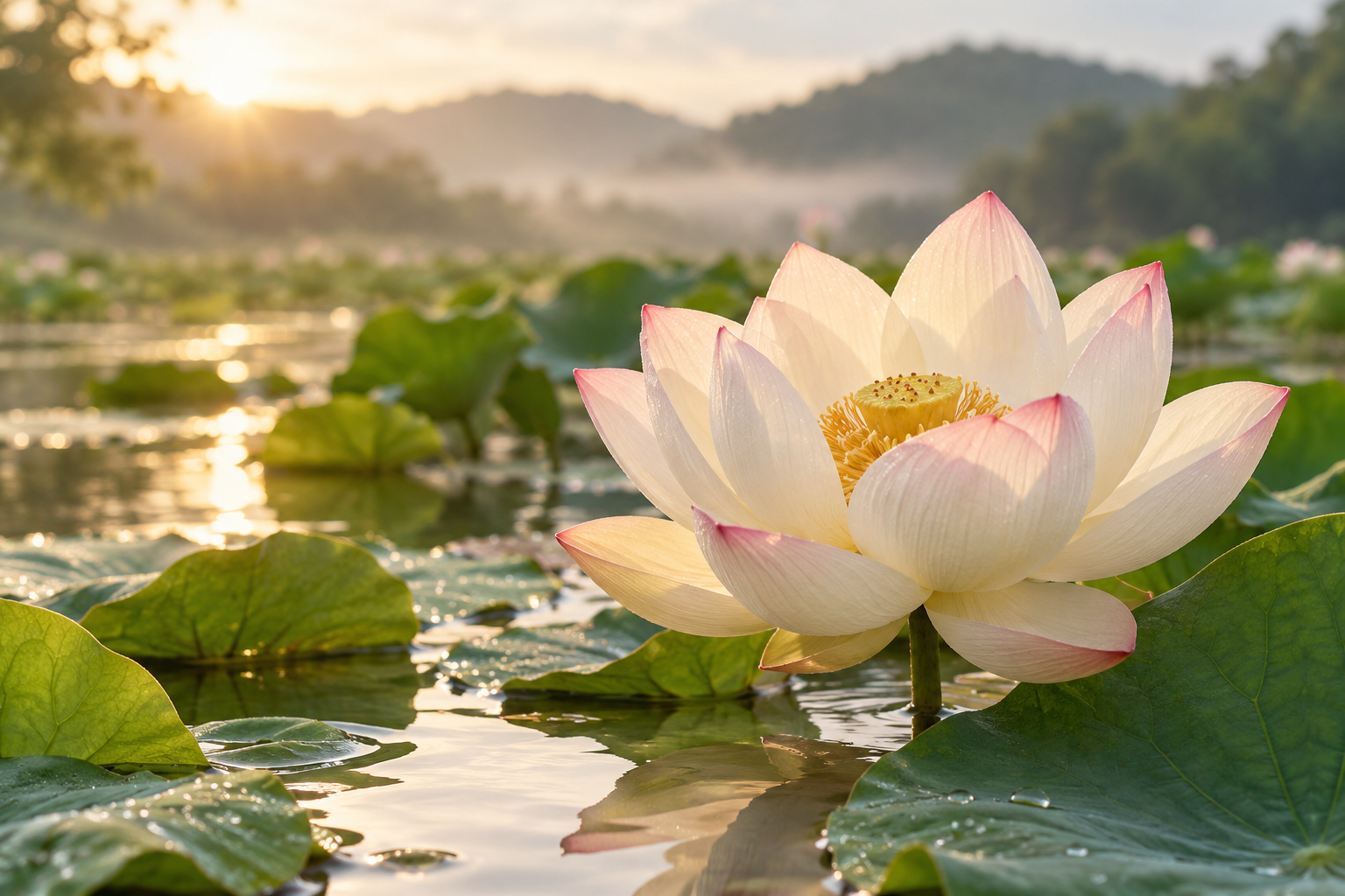 朝の光を受けて水面に咲く淡い蓮の花
