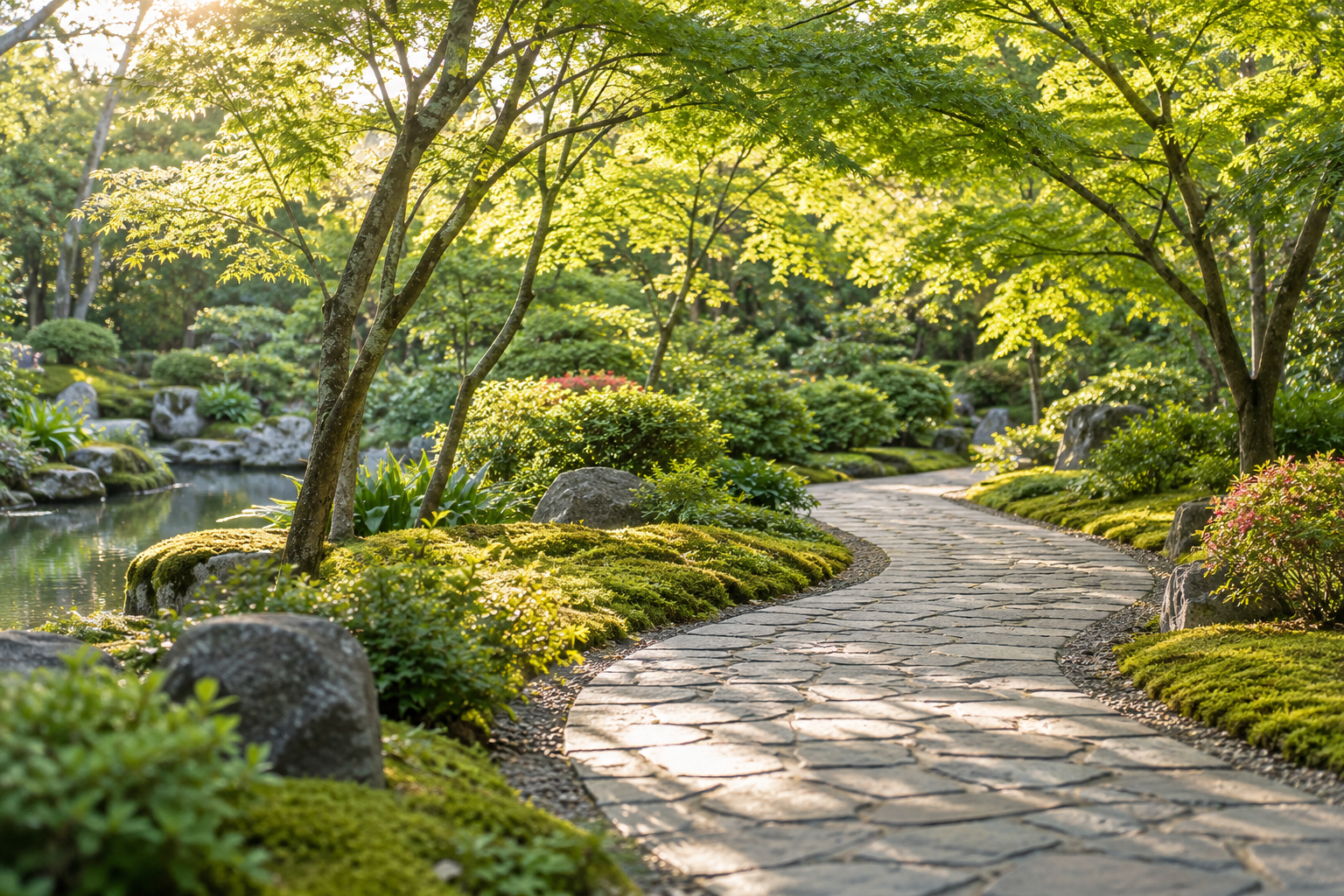 緑の木々と苔に囲まれた、木漏れ日の石畳の小道